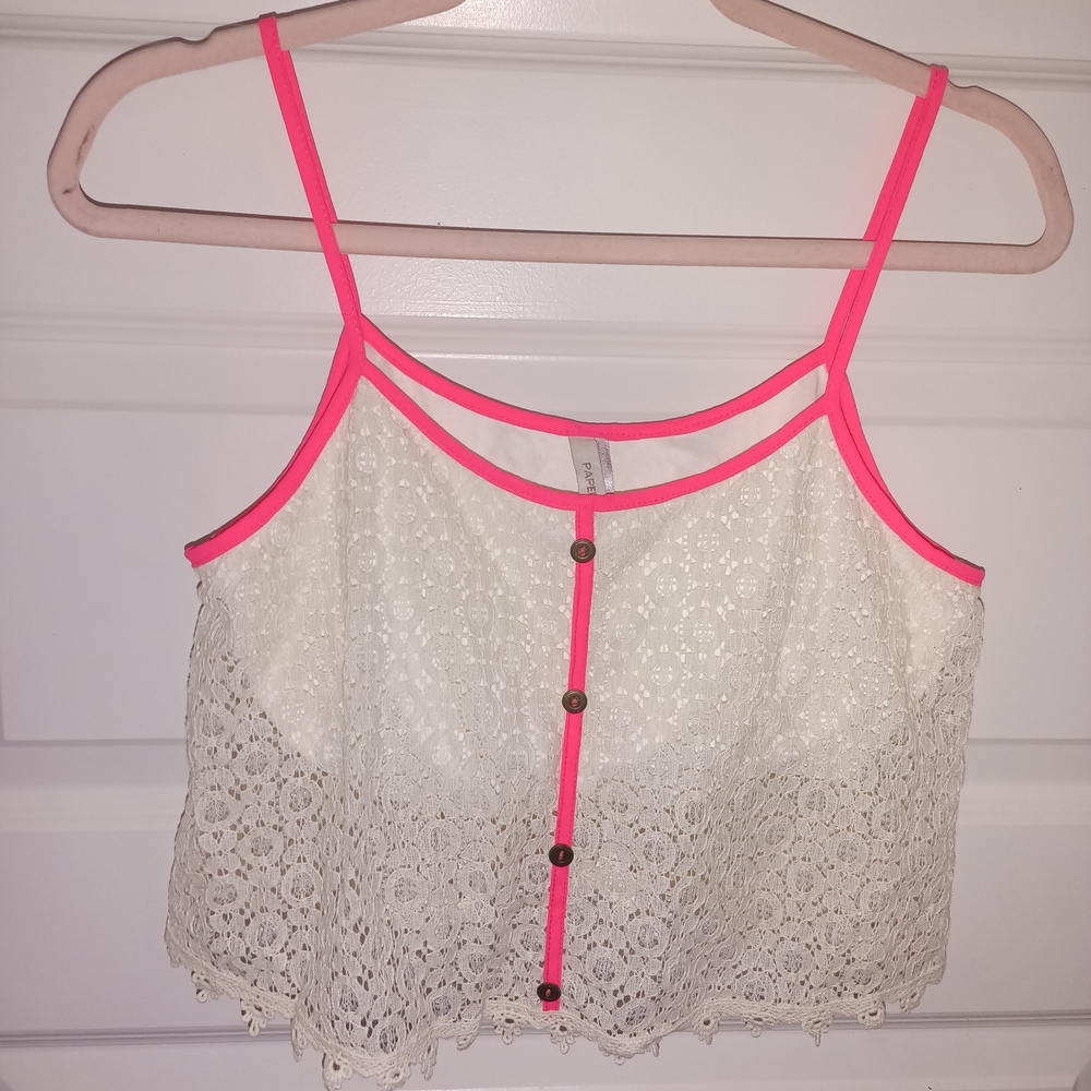 Paper Crane White Top with Pink Trim